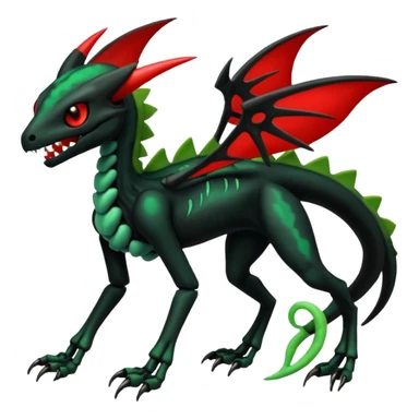 Obsidian-black and neon-glowing-green skeletal Meloetta-Salandit-Nargacuga-Zygarde-Pokémon-Fakémon-creature-fusion-hybrid with glowing crimson-red evil slit eyes sticker