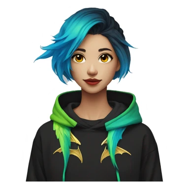 Lady with brunette and iridescent blue hair, gold, lime green dragon wings, black hoodie, bleach dyed, black and gold Nike t shirt, and bright red eyes sticker