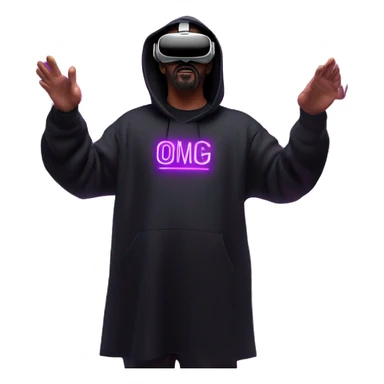 Big Lebowski wearing a black hoodie with "OMG" letters on it and VR headset oculus quest 2 in a cyberpunk VR environment with violet neon lighting. sticker