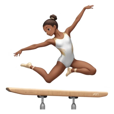 An acrobat performing a dynamic move on the balance beam, rings, or parallel bars, showcasing strength and precision. The acrobat is in mid-action, gracefully balanced, with a focused expression. The background features a professional gymnastics gym with bright lights and a cheering crowd sticker