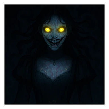 Make the beautiful scary girl even scarier with extreme supernatural horror features, more disturbing and haunting, while keeping her gothic beauty. Enhance the supernatural and horror elements to create a deeply unsettling and haunting atmosphere. sticker