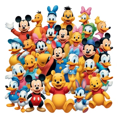 A colorful, playful close-up collage of classic cartoon characters like Goofy, Mickey Mouse, Donald Duck, Winnie-the-Pooh, and others. Bright, vibrant colors with cheerful expressions. Whimsical and nostalgic style. Transparent background. sticker