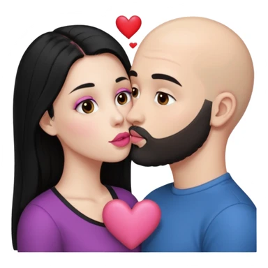 👩🏻‍❤️‍💋‍👨🏻 this one but the man should be bald. white woman with long black hair and white bald young man whoitiut hair and a heart between their heads. she has pink lips and both have brown eyes. he has e full beard but short. sticker