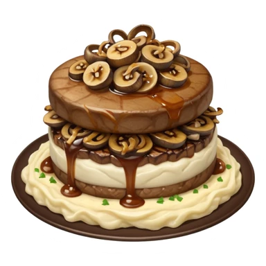 Filet mignon, mashed potatoes and gravy , in grilled chopped onions and grilled mushrooms, topped with crispy onions  sticker