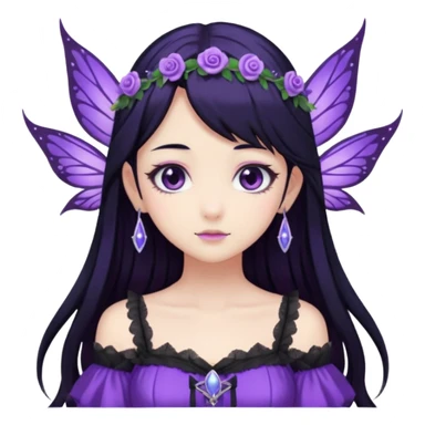 Gothic anime fairy with long beautiful black hair and purple dress, pastelcore, sticker