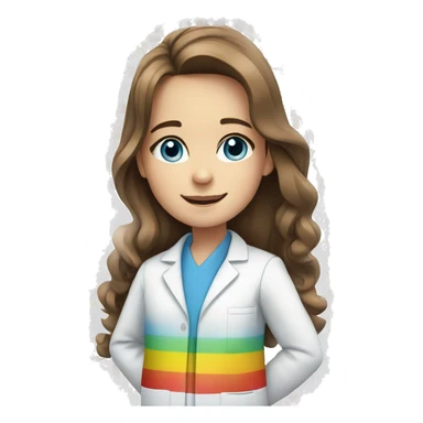 White young girl with long brown hair and blue eyes wearing a rainbow pharmacist coat sticker