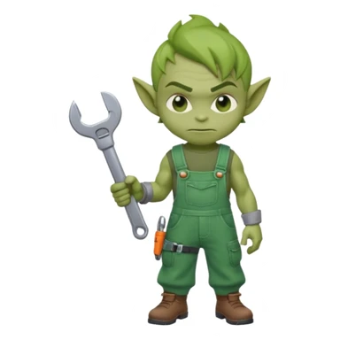 short green goblin, hold a wrench, cute chibi full body sticker