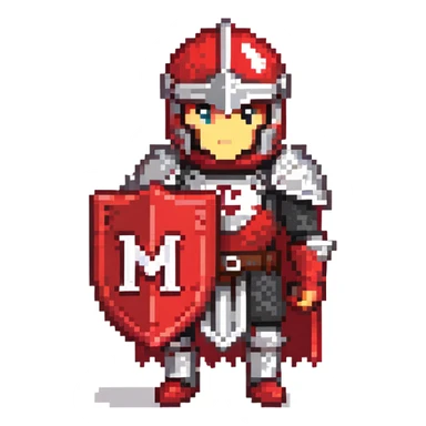 Knight with red and black armor holding a shield with the letter M on it sticker