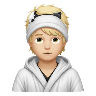 Create a blond boy with long, messy hair, light eyes, a white t-shirt, rich, with long hair, blue eyes, medium-length, voluminous hair, wearing a black Nike bathrobe and a little blush near his nose. and with a balaclava, type bandit balaclava covering the whole face[ sticker