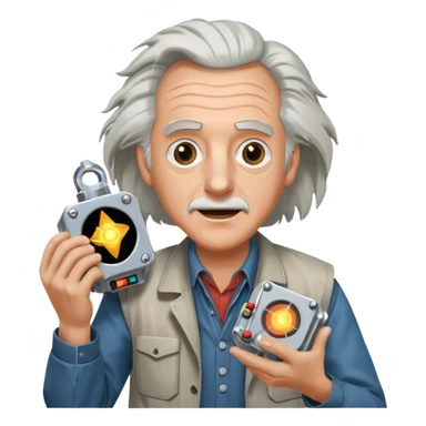 Doc Brown from Back to the Future, holding a flux capacitor, excited face, wild hair sticker