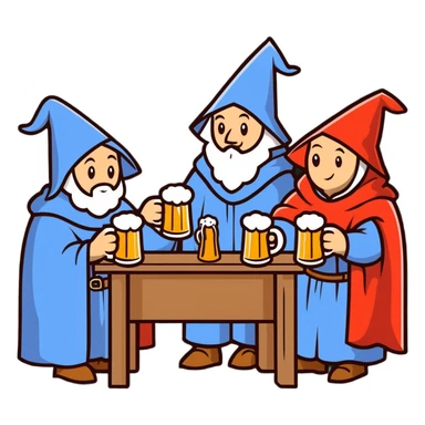 medieval pilgrims with cloaks drinking beer at a tavern sticker