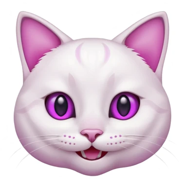 White cat happy smiling with teeth showing, light pink inner ears, magenta purple eyes, looks like discord's :smiley_cat: emoji sticker