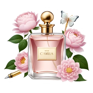 A delicate glass perfume bottle with a golden atomizer, surrounded by soft pink roses, white peonies, and dahlias, as pearl butterflies reflect beautifully in the crystal surface.
 sticker