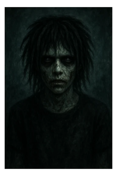 spooky zombie boy with black medium-long dreads, emo and shaggy style, dark and creepy expression sticker