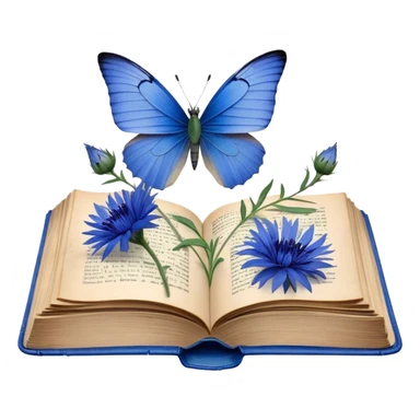 A vintage book with a worn blue cover, open to reveal pressed blue cornflowers and a resting green butterfly. sticker
