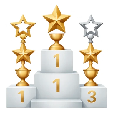 Create an emoji of a podium with three levels. The first place should have a golden trophy with a star on the front, the second place should have a silver trophy with two stars, and the third place should have a bronze trophy with two stars. The trophies should be placed on white pedestal platforms, with the numbers 1, 2, and 3 clearly visible on each base. The style should be clean, modern, and minimalist, similar to the digital design shown in the uploaded file sticker