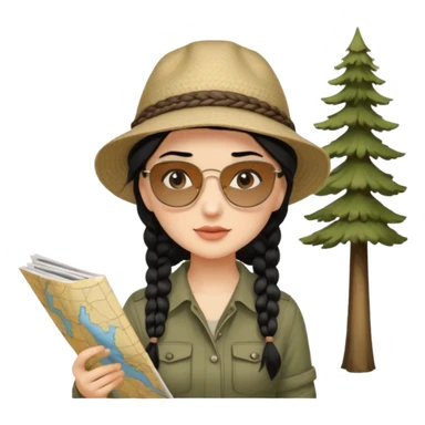 A braid black hair backpacking woman checking her map with curious eyes while wandering in the woods with camping hat sticker