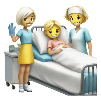 Two blonde children, sick, wearing masks, one Boy, one girl, sick in beds, at home, get well soon sign with yellow heart, blonde nurse at the head of the beds sticker