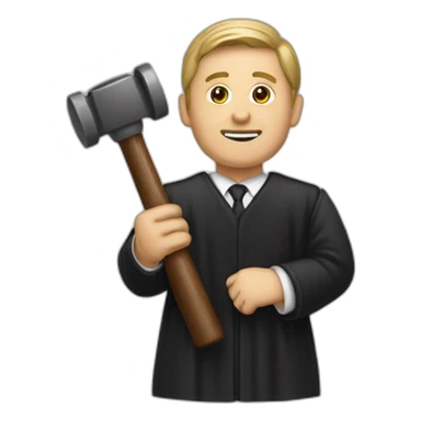 male judge holding a small woodden hammer sticker