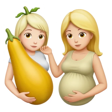 yellow eggplant attached to a pregnant person, with a bowing person turned to the side sticker