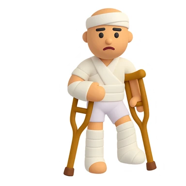 Add crutches and show more bandages on the injured man in the style of microsoft 3D fluent emojis. Keep the 3D emoji style with no background. sticker
