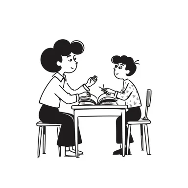 educator or speech therapist with child, who helps child with lessons sitting at the table sticker