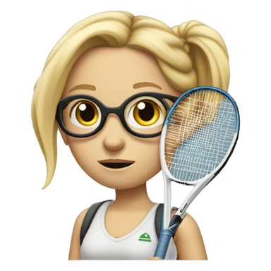 blond and very white tall german girl wearing jeans and normal clothes. She wear glasses and her hair with a bun.  She holds a tennis racket at hand and she look scared sticker