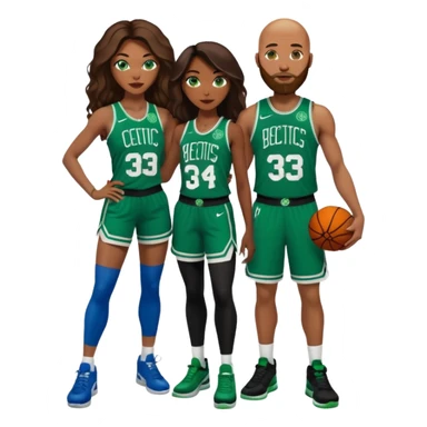 48-year-old dark black woman with brown eyes, long dark brown balayage hair dressed in sexy 
celtics jersey costume outfit & stilettos. Abald white man with ginger beard. he has blue eyes, wearing a Jason Tatum Boston Celtics Jersey, matching Nike sneakers  sticker