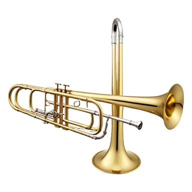 Create a sleek and professional emoji representing the Brahner TB-420 Bb/F tenor trombone. The design should feature the smooth, shiny brass body of the trombone with its distinct curved tubing and large bell. Highlight the tuning slide and the mouthpiece at the top of the instrument. The brass finish should be polished and reflective, with silver accents on the mouthpiece and tuning slide. Add subtle musical notes or soundwaves floating around the trombone to evoke its bold, brassy sound. Use golden and brass tones for the trombone with light reflections to emphasize its high-quality craftsmanship. The background should be transparent. sticker