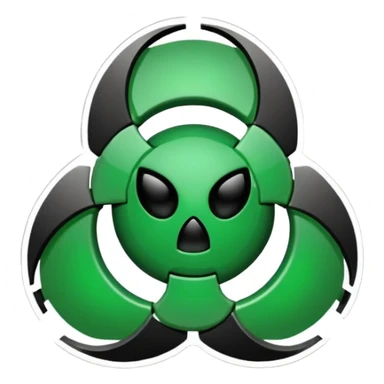 Minimalist emoji-style sticker of a fractured biohazard symbol with a small eye in the center. Stylized, geometric, no text.
 sticker