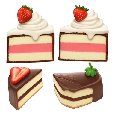 Chocolate Cake Slice with strawberry frosting on the top left of the cake slice and vanilla frosting on the top right of the cake slice and a face sticker