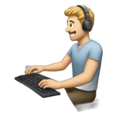 man at computer with a headset sticker