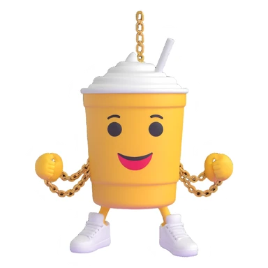 3D cartoon character of a Styrofoam cup of lean (purple drank), with a friendly face, arms, a gold chain, and Jordan sneakers, simple style sticker