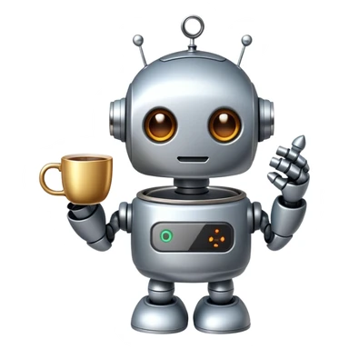 A cute robot holding a steaming coffee mug sticker