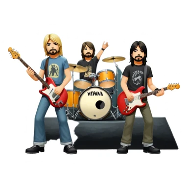Icon for Rock Music: Nirvana performing on stage with Kurt Cobain on guitar and vocals, Krist Novoselic on bass, and Dave Grohl on drums. A grunge-inspired vibe with dynamic stage lighting and musical energy. Transparent background. sticker