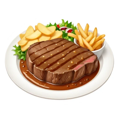 big juicy australian steak meal featuring chips, small salad in a ramiken and gravy  sticker