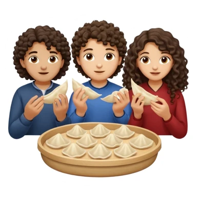 Can you create an emoji of three 23 year olds eating dumplings. One boy with wavy curly hair and one Jewish girl with long dark brown curly hair and one half Indian / half white girl with mid length dark brown hair. All brown eyes sticker