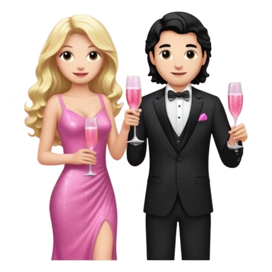 A couple, the woman with blonde long wavy hair and pink tight sparkly dress and the man with a black suit with black hair celebrating with pink champagne sticker