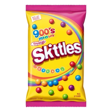 A 90s American Skittles candy package with bold colors, retro design elements, original 90s packaging with bright rainbow colors sticker