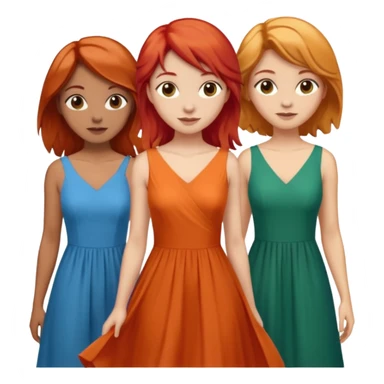 Can you create an image of 3 friends together one with red bright hair light skin one the other with brown hair with some blonde highlights in the hair fair skin the last one with light brown a tint of orange hair with flowy dresses sticker
