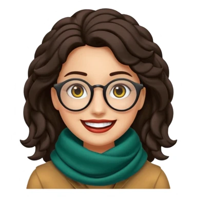 Emoji estilo WhatsApp de una mujer sonriente con rostro ovalado, piel semi oscura, ojos grandes y oscuros, cejas gruesas arqueadas, gafas grandes redondeadas, rizos voluminosos negros, bufanda colorida y expresión tierna. Colores limpios, contornos suaves y fondo transparente. sticker