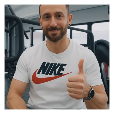 The man in the photo is making the OK gesture with his thumb up, showing an expression of approval, in a gym environment, photorealistic style. sticker