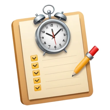 minimal modern emoji-style icon for 'What to Expect' in test prep, a document with checkboxes and a clock, clear, suitable for educational materials sticker