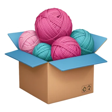 cardboard box with toys, ball of yarn, pink sticker
