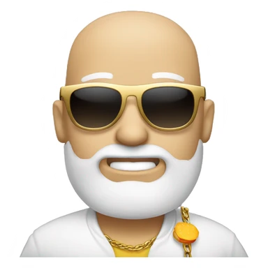 A white man that’s bald with a beard wearing sunglasses and a gold chain holding a hamburger  sticker