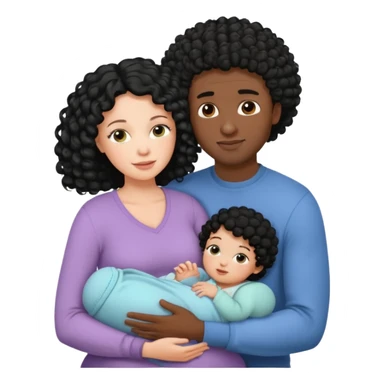 family: white woman curly black hair, black man with short black frizz hair, one 2 y o daughter , and a newborn in the and of the mother sticker