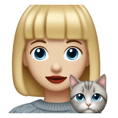 girl with blonde bob hair and bangs (a fringe) with blue eyes, long eyelashes and red lipstick in a red cable knit sweater holding a grey cat sticker