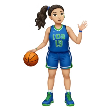 full body plus size light skin  latino women basketball player with wavy dark hair in pony tail wide nose wearing blue uniform with green accent sticker