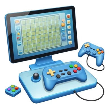 Icon for Game Design: a computer screen with a game interface, game controller, and design elements like a grid and 3D models. Transparent background. sticker