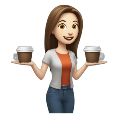 woman juggler with long straight brown hair and pale skin juggling three coffee cups and two mini laptops in the air sticker